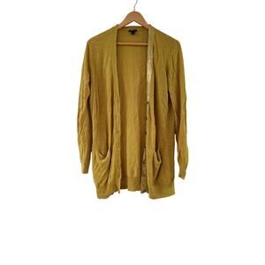Women's Ann Taylor Linen Cardigan Button Up Large Yellow Gold Long Sleeve